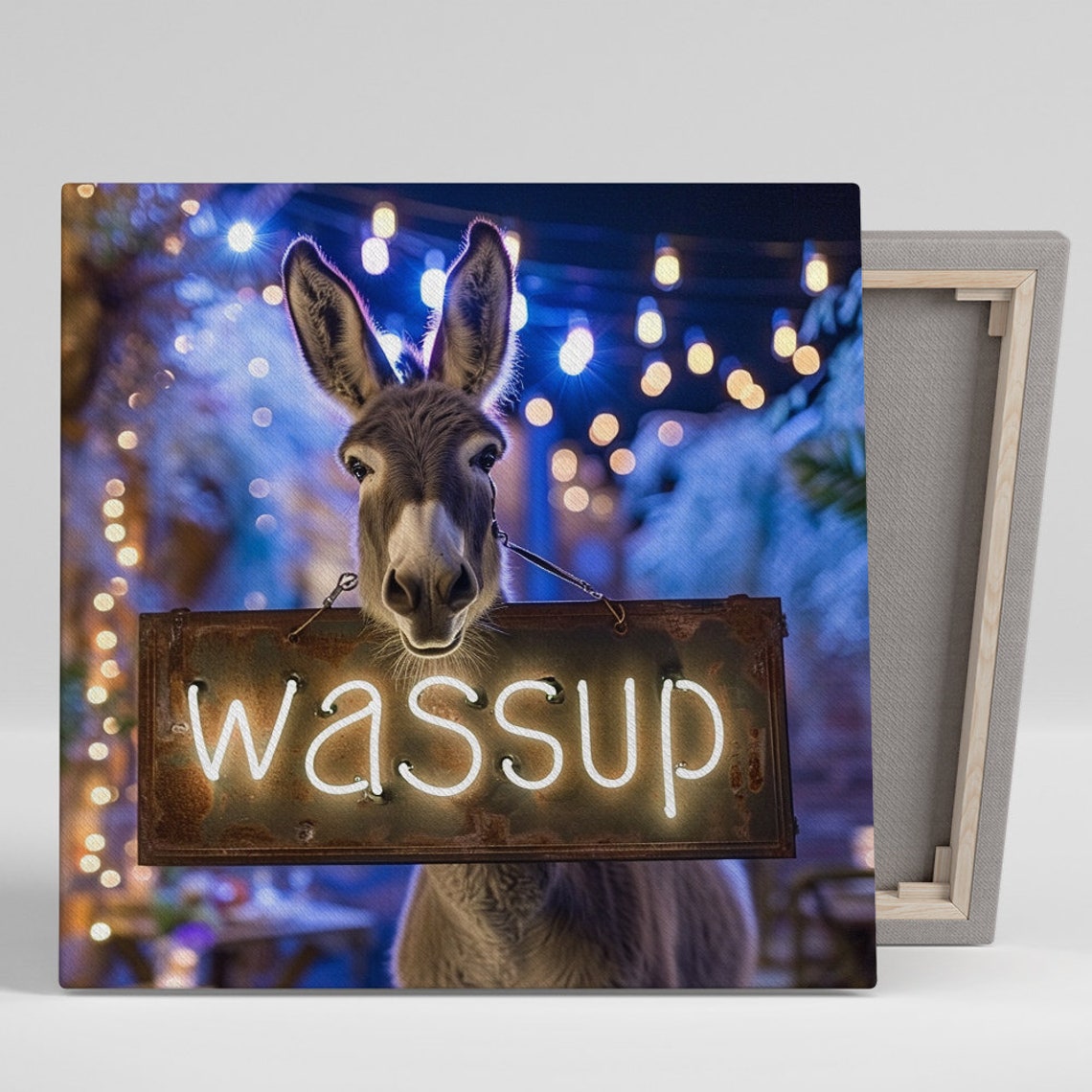Donkey Holding Neon Wassup Sign Funny Night Lights Wall Poster
