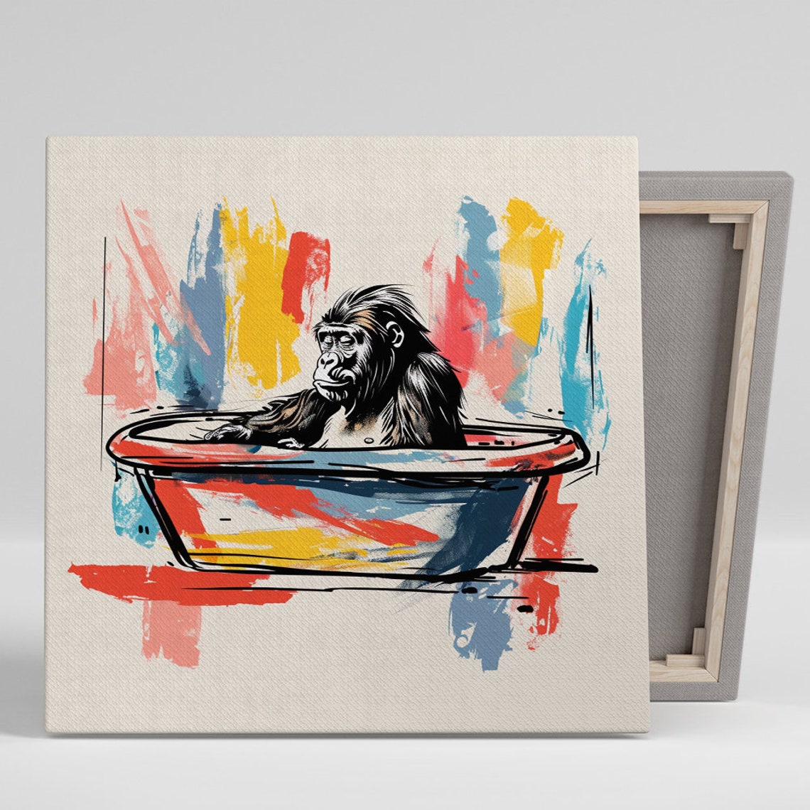 Chimpanzee In Bathtub Whimsical Sketch Red Blue Yellow Poster
