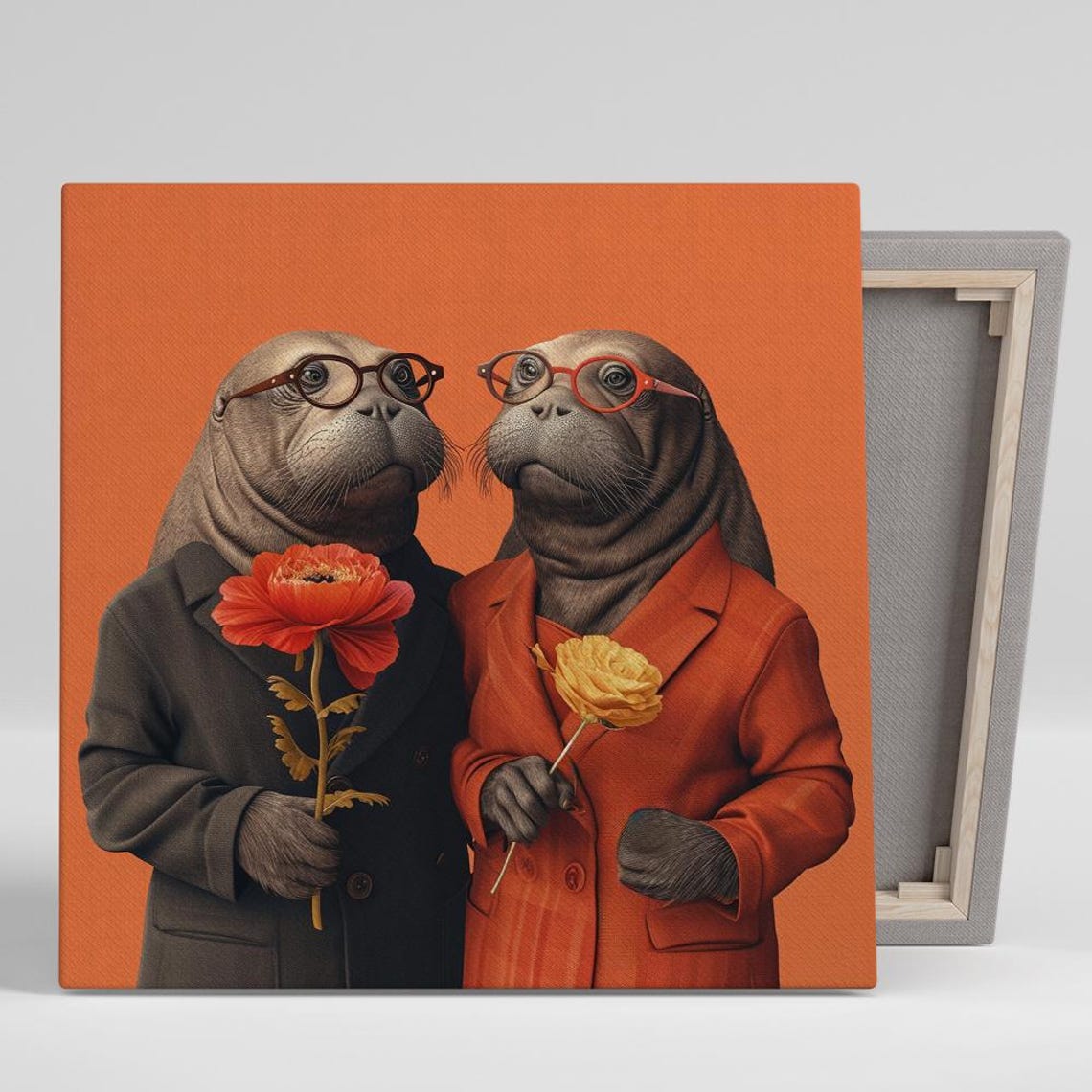 Dapper Walrus Couple Glasses Flowers Suits Orange Background Poster