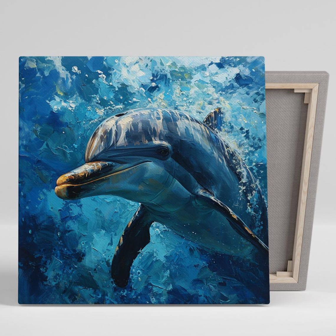 Dolphin Underwater Blue Impasto Oil Painting Ocean Wave Marine Poster