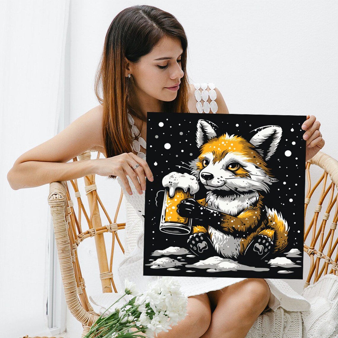 Fox Holding Beer Mug Snowy Night Black Cheerful Party Bar Art Poster - Image 3