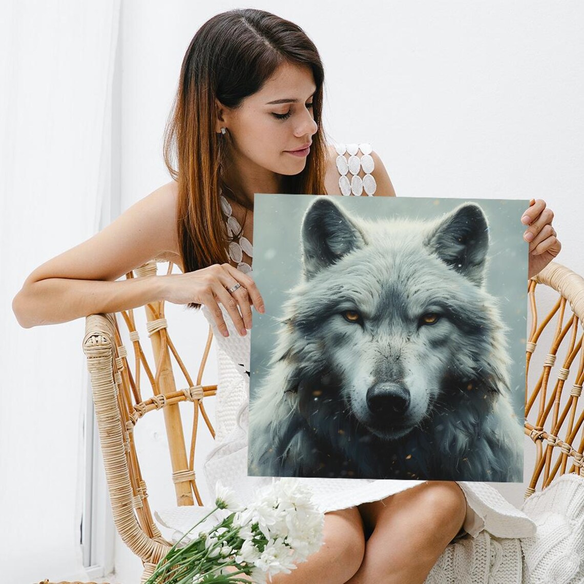 White Wolf Portrait Snowy Mist Amber Eyes Striking Wildlife Art Wall Poster - Image 3