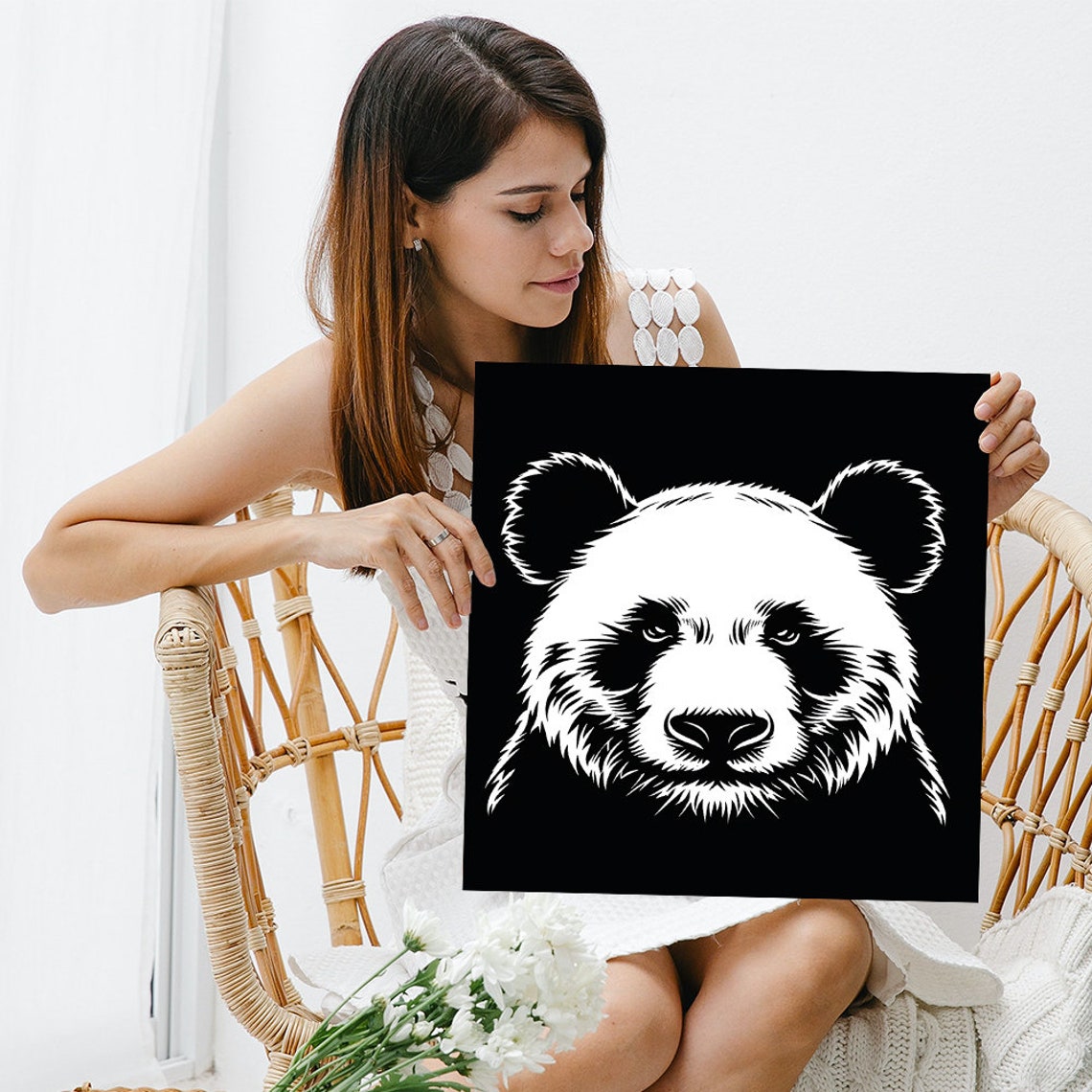 Panda Face Line Art White on Black Minimalist Graphic Poster - Image 3