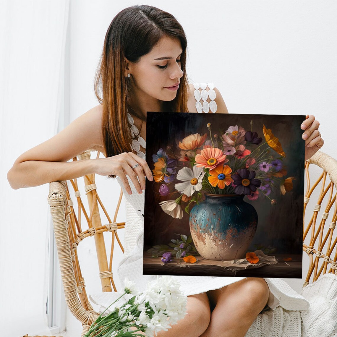 Peach Cosmos Poppy Bouquet Blue Ceramic Vase Dark Moody Floral Poster - Image 3