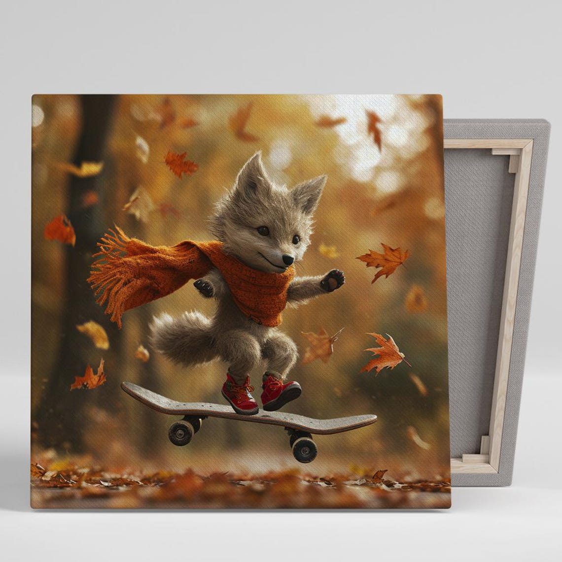 Skateboarding Fox Autumn Leaves Cute Woodland Animal Adventure Poster