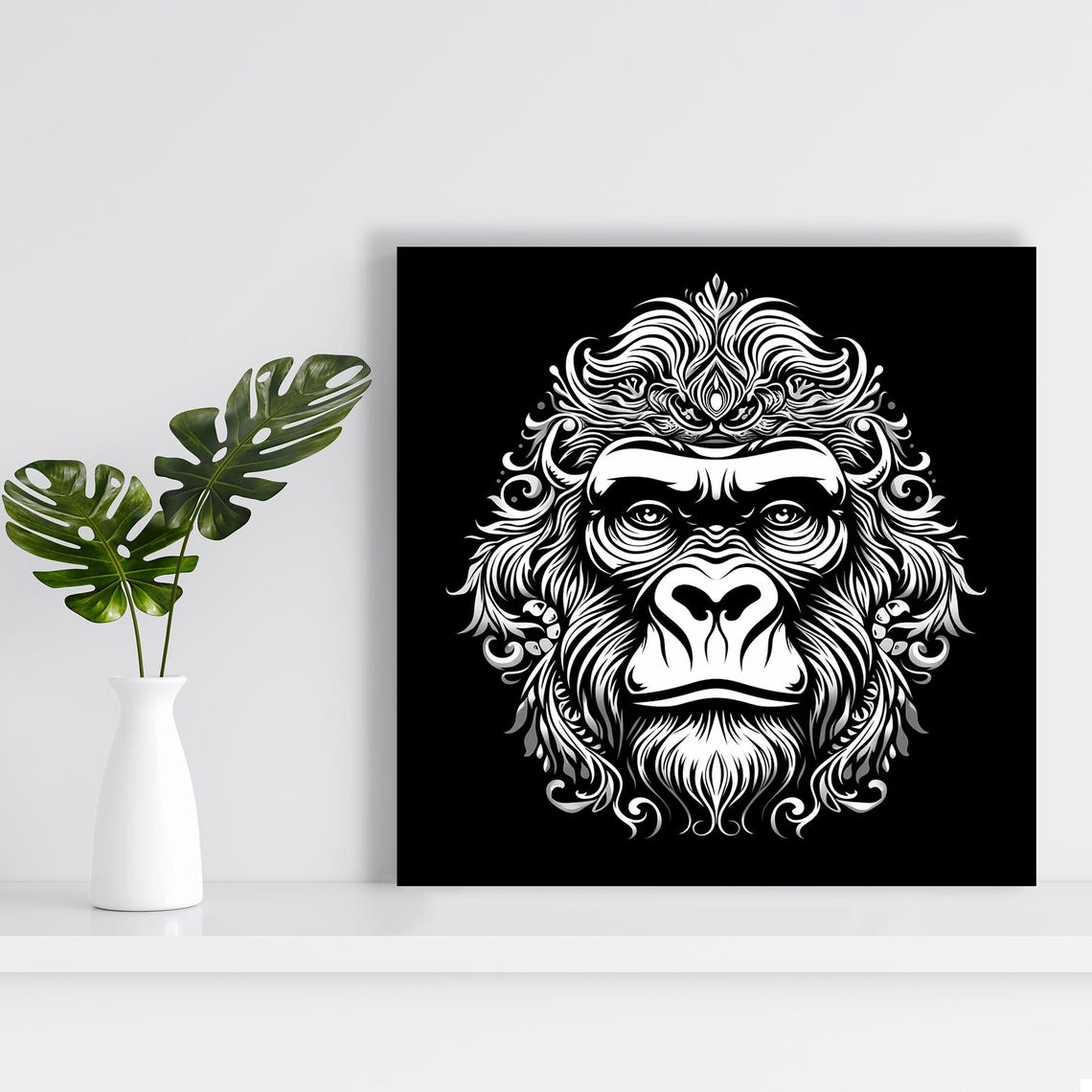 Ornate Gorilla Mandala Line Art White On Black Tribal Primate Poster - Image 2