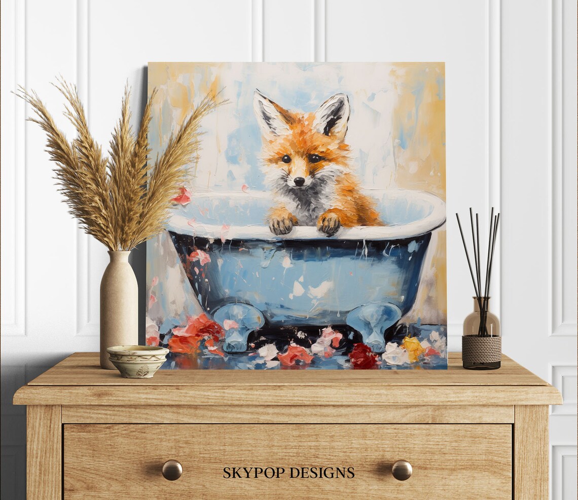 Fox In Bathtub Bathroom Wall Art Print, Modern Decor - Image 2