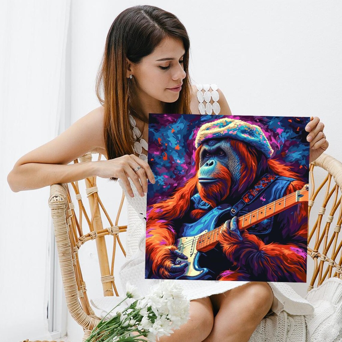 Rockstar Orangutan Electric Guitar Denim Jacket Groovy Music Art Poster - Image 3