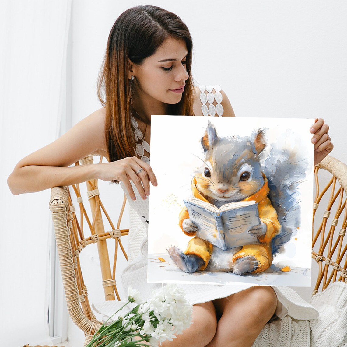 Cozy Squirrel In Pajamas Reading Book Watercolor Children Room Wall Poster - Image 3