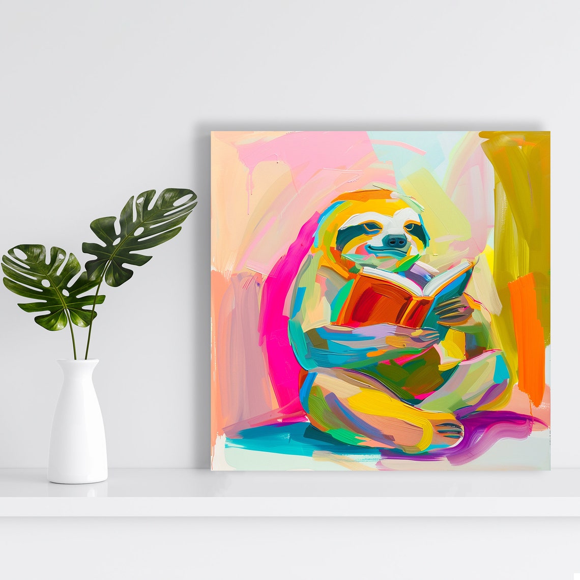 Sloth Reading Book Colorful Fauvist Brushstroke Whimsical Poster - Image 2