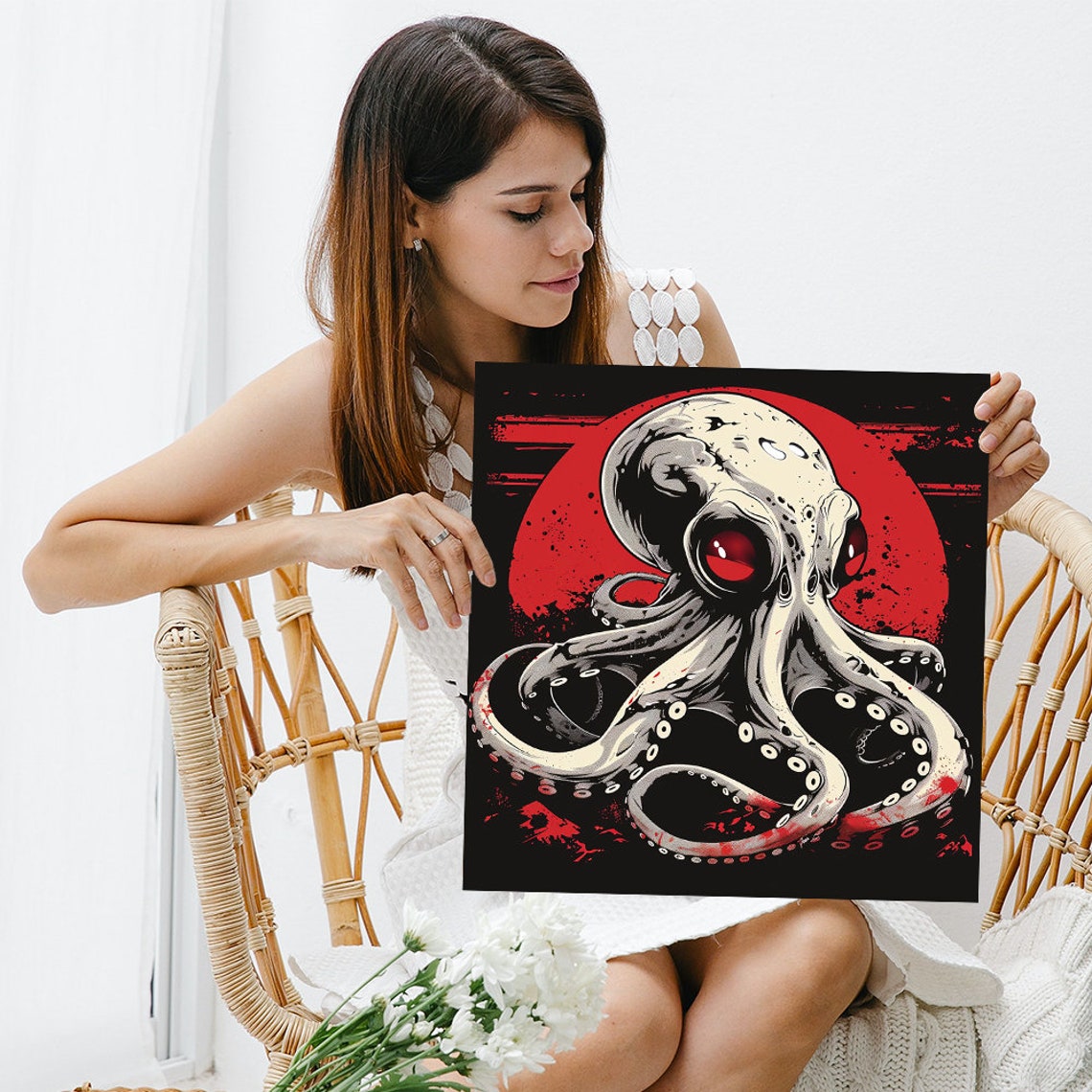 Octopus Red Sun Disc Black Background Bold Street Art Poster - Image 3