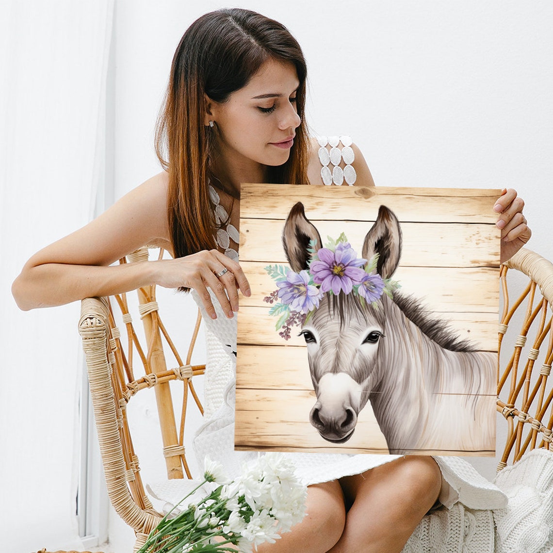 Floral Donkey Enchantment Art Or Poster Farmhouse Decor Living Room Bedroom Childrens Room Wall Art Purple Brown Beige Green - Image 3