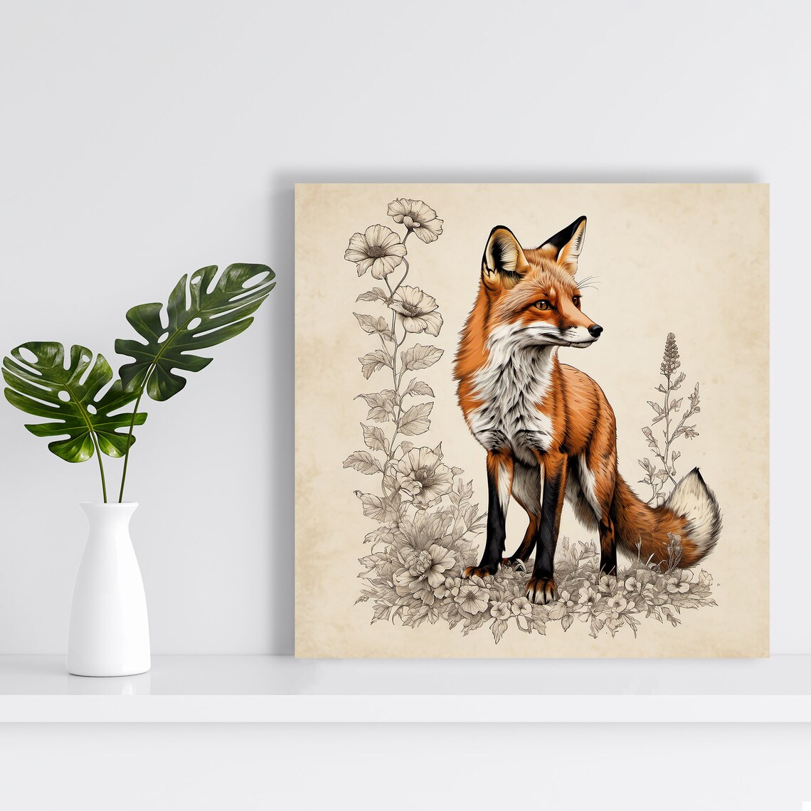 Red Fox Standing Among Wildflowers Vintage Botanical Illustration Poster - Image 2