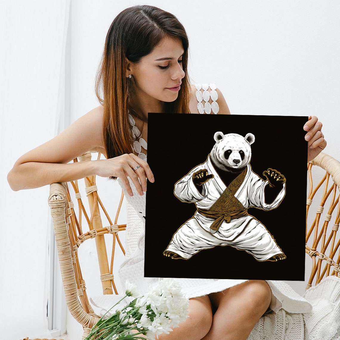 Bear Art Or Poster Asian Zen Decor Living Room Office Game Room Home Gym Wall Art White Black Gold Brown Whimsical Art Print - Image 3