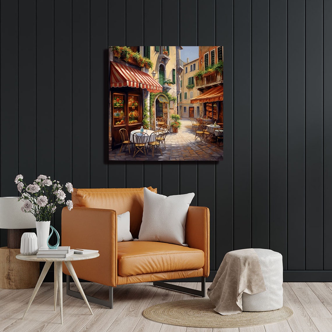 Sunny Mediterranean Cafe Street Striped Awnings Bistro Scene Poster - Image 2