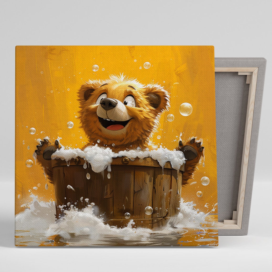 Giggling Bear Cub Barrel Bath Bubbles Happy Cartoon Wall Poster