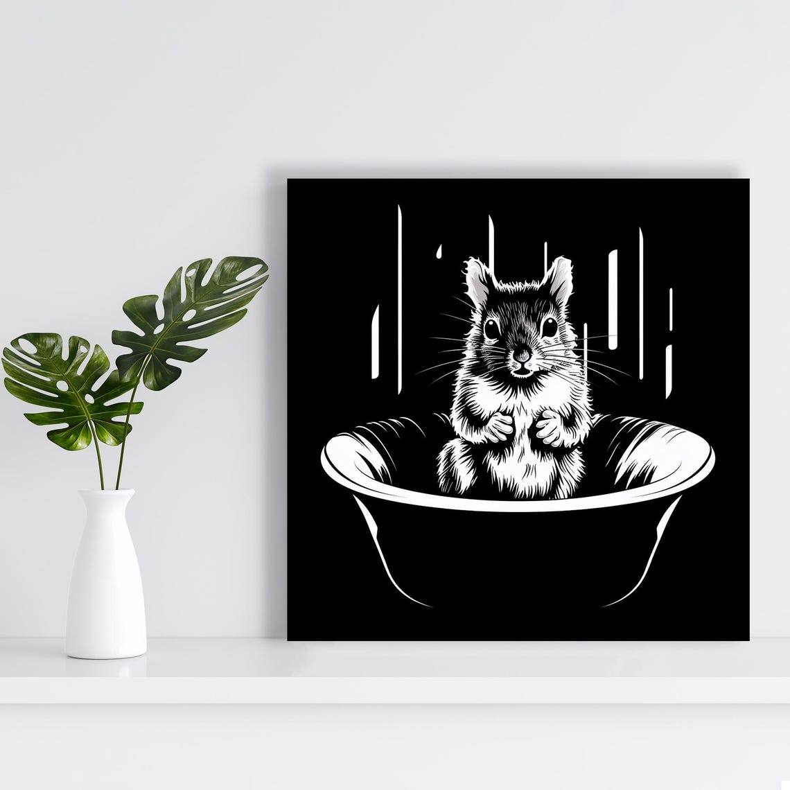 Black And White Squirrel In Bowl Minimalist Ink Illustration Poster - Image 2