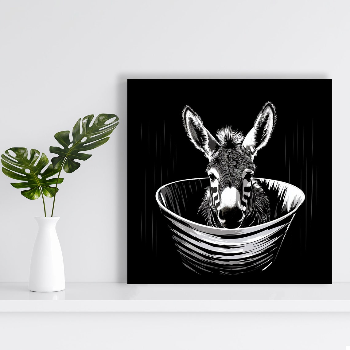 Donkey Bathtub Monochrome Black White Dramatic Illustration Poster - Image 2