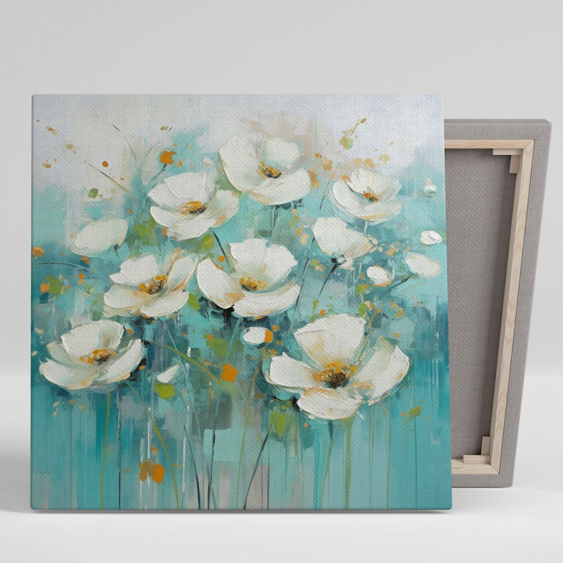 White Poppy Blooms Soft Teal Abstract Modern Floral Serenity Poster
