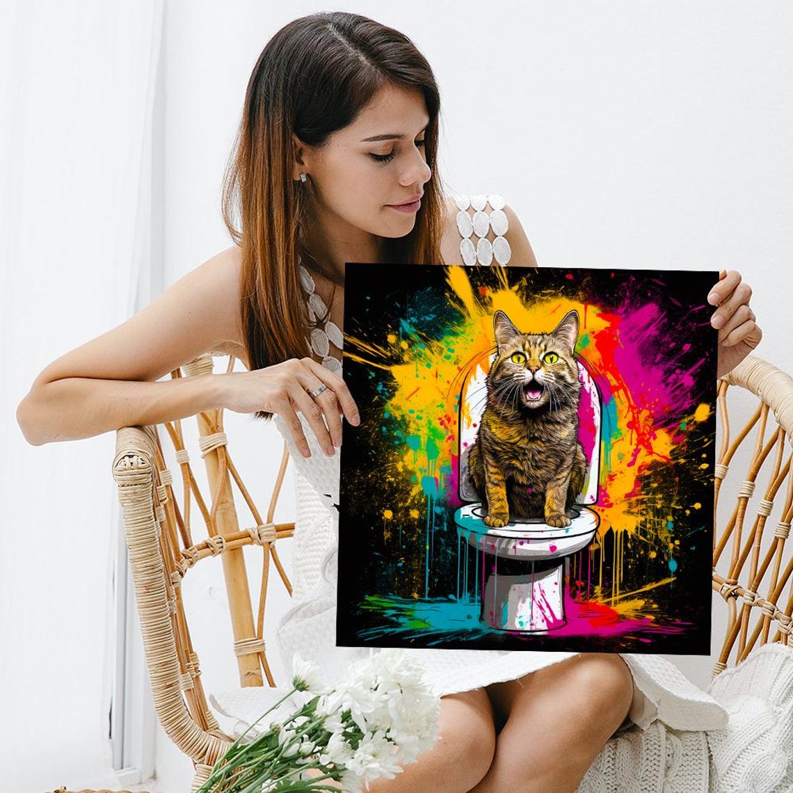 Loud Cat On Toilet Neon Paint Splash Funny Bathroom Pop Art Poster - Image 3