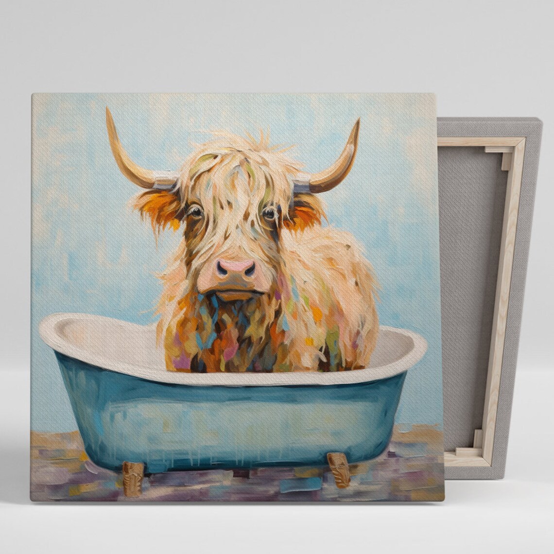 Highland Cow In Blue Bathtub Whimsical Farmhouse Wall Art Poster