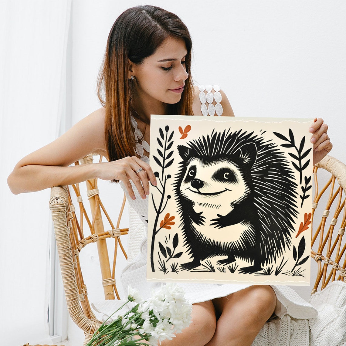 Smiling Hedgehog Linocut Folk Art Cute Whimsical Nursery Wall Poster - Image 3