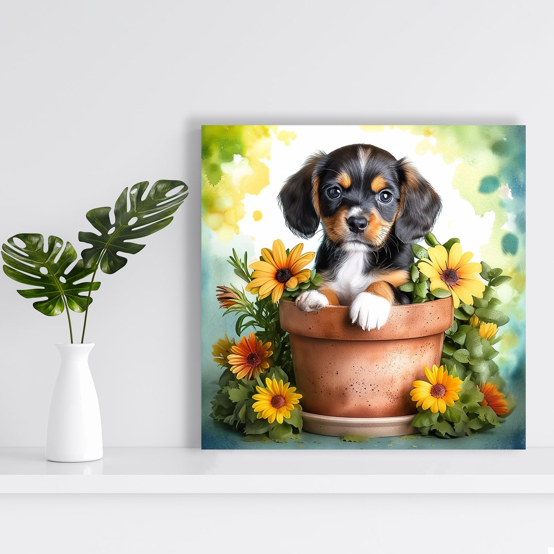 Puppy In Flower Pot Yellow Daisies Watercolor Nursery Wall Art - Image 2