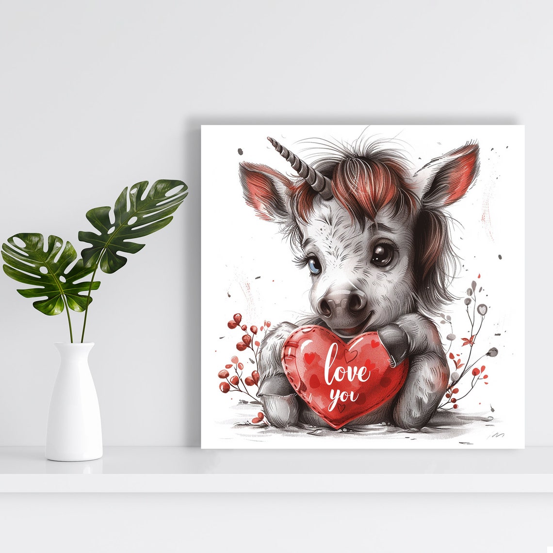 Baby Unicorn Hugging Love You Heart Sweet Valentine Nursery Poster - Image 2