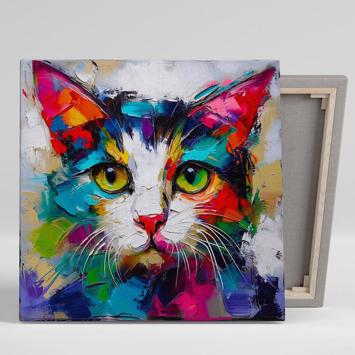 Abstract Multicolor Cat Face Palette Knife Painting Bold Wall Poster