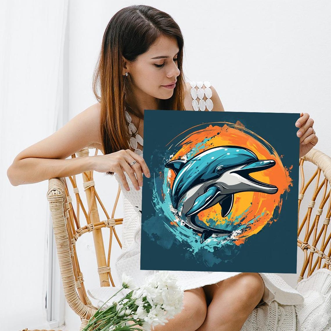 Dolphin Sunset Leap Orange Sun Circle Teal Ocean Animal Art Poster - Image 3