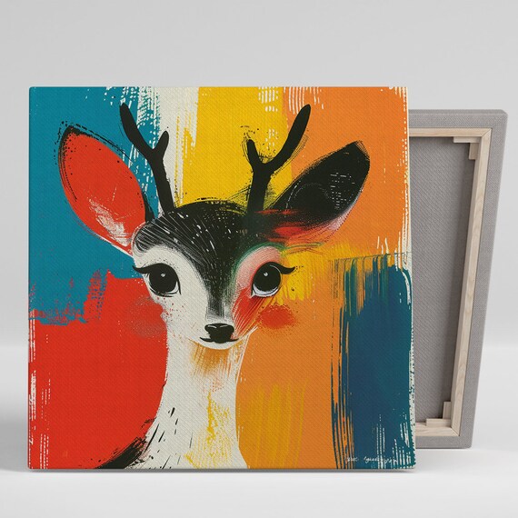 Baby Deer Big Eyes Pop Art Teal Red Yellow Cute Nursery Animal Poster