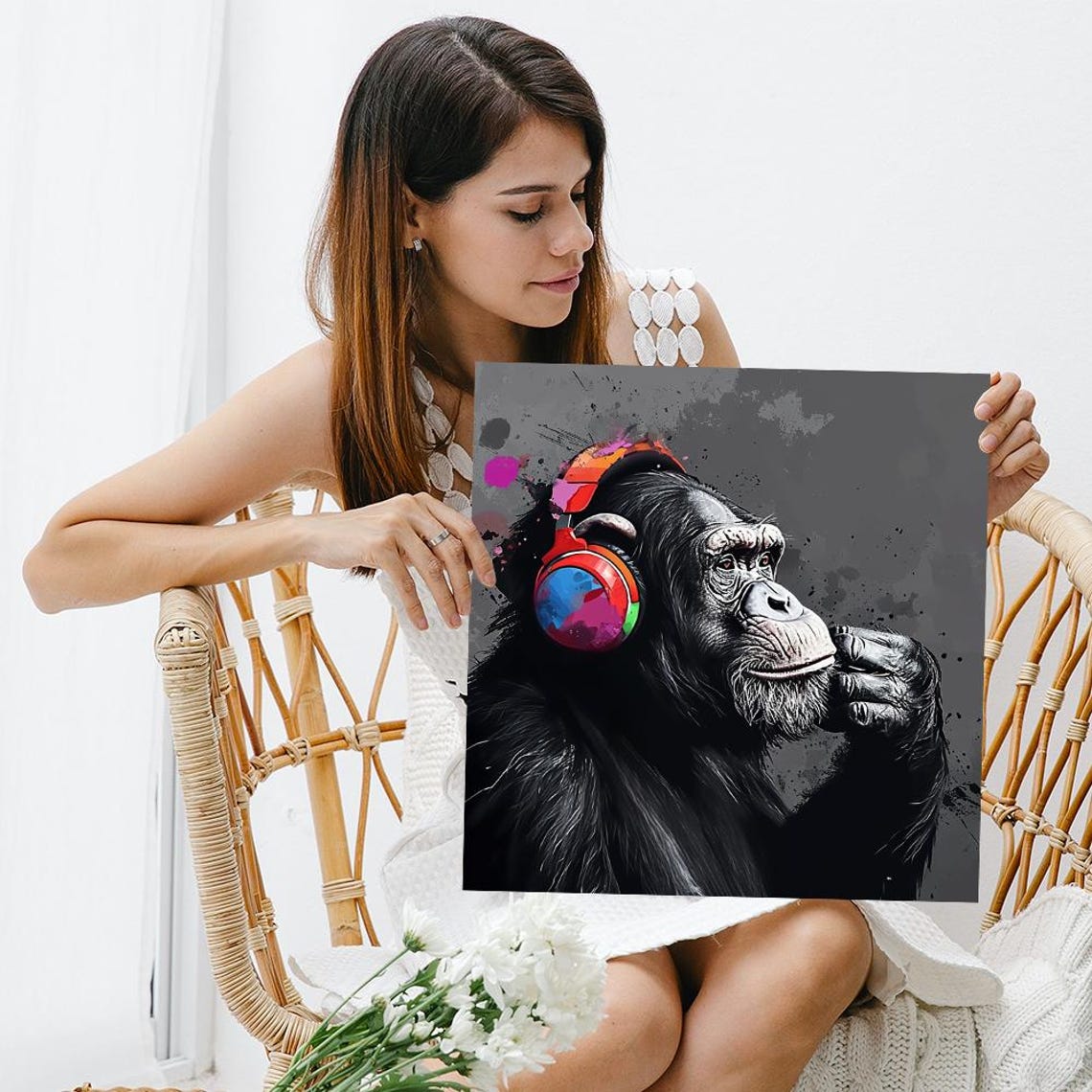 Chimpanzee Headphones Thinking Pose Pop Art Colorful Music Wall Poster - Image 3