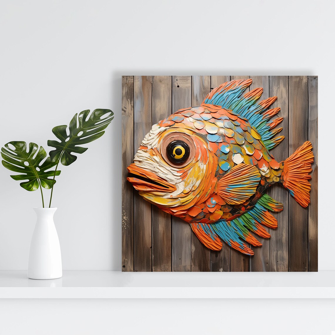 Colorful Carved Wooden Fish Folk Art Rustic Plank Wall Decor Poster - Image 4
