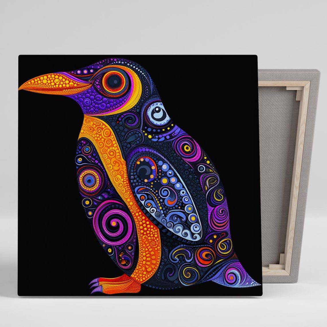 Psychedelic Penguin Dotwork Swirls Black Background Trippy Art Poster