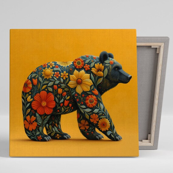 Floral Bear Folk Art Orange Blossoms Mustard Yellow Bohemian Wall Poster