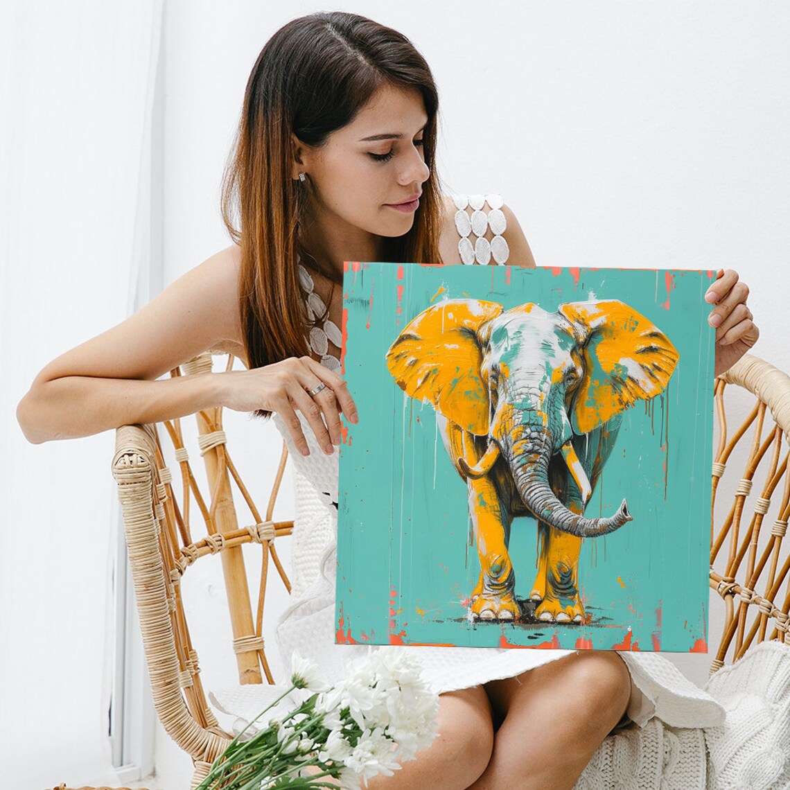African Elephant Splash Poster Golden Teal Contemporary Wildlife Decor - Image 3