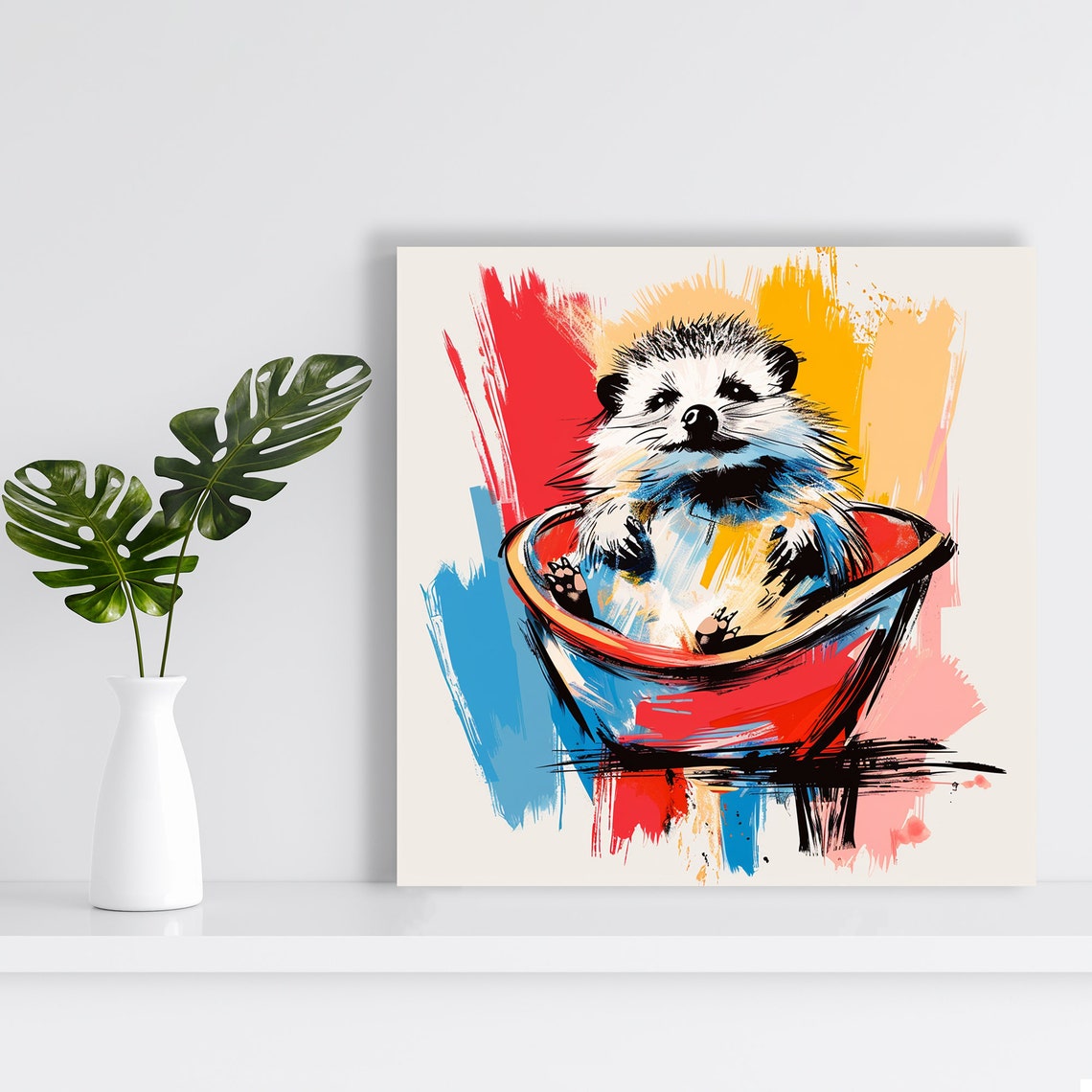 Hedgehog Bathtub Splashy Red Blue Yellow Playful Bath Decor Poster - Image 2
