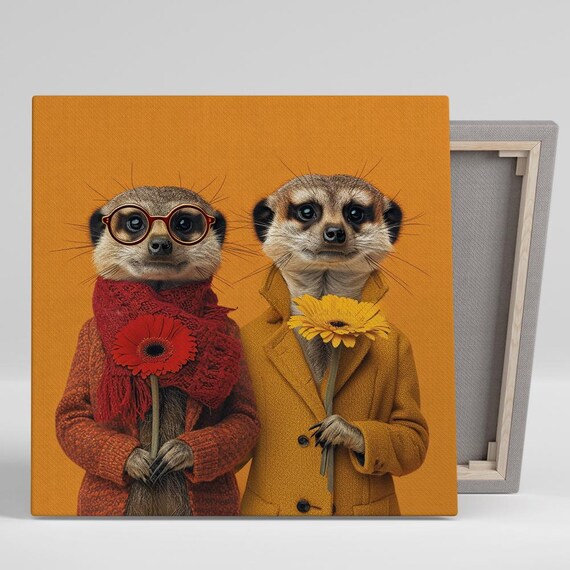 Dapper Meerkat Duo Art Or Poster Whimsical Modern Bohemian Decor Living Room Office Childrens Bedroom Wall Art Orange Red Yellow