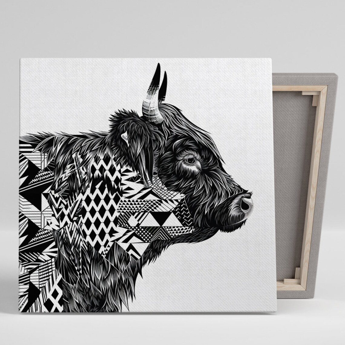 Highland Cow Geometric Profile Black White Modern Art Poster