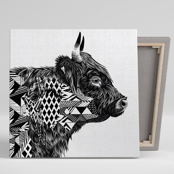 Highland Cow Art Or Poster Contemporary Geometric Decor Living Room Office Bedroom Dining Room Black White Wall Art Cow Decor
