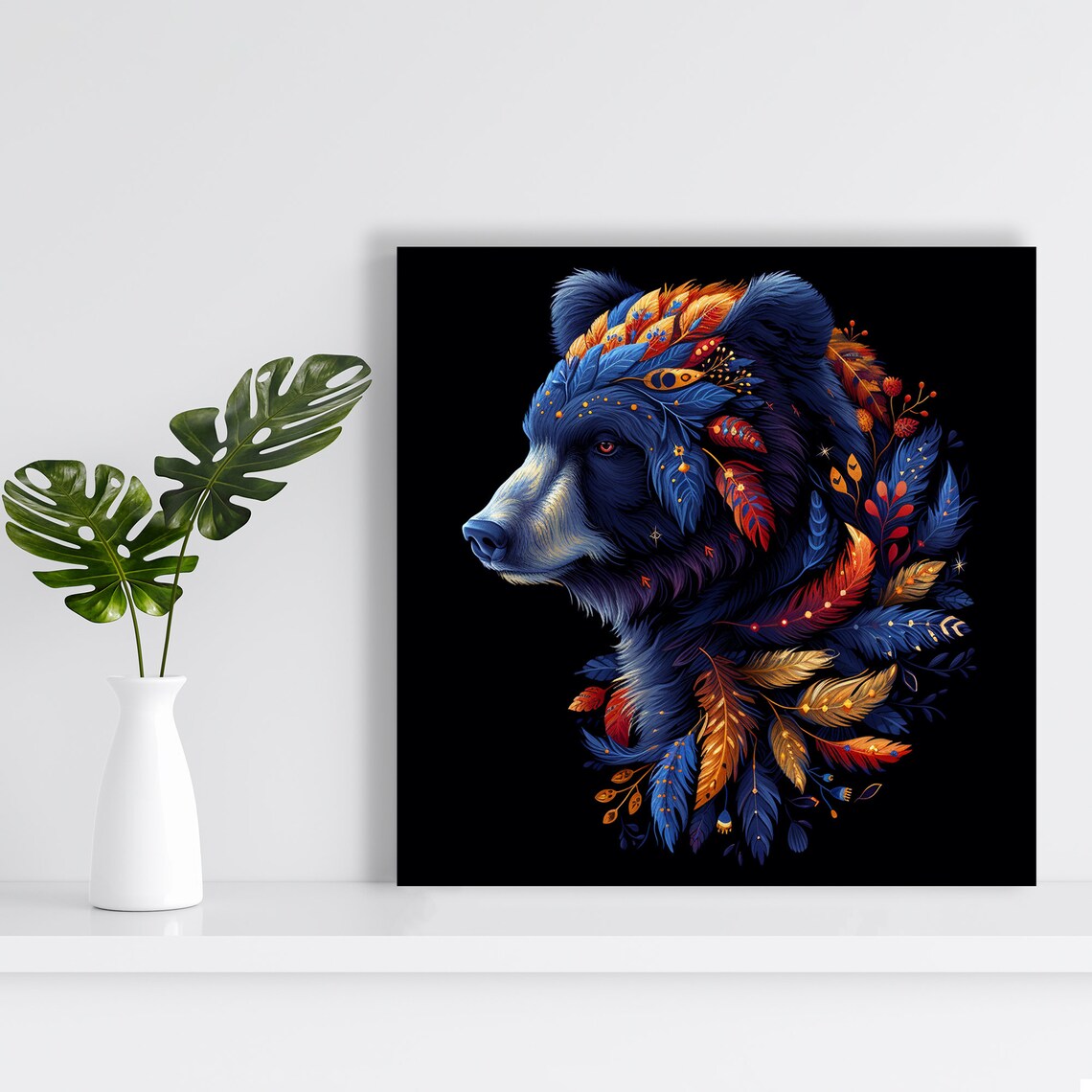 Celestial Bear Spirit Bohemian Feather Portrait Black Background Poster - Image 2