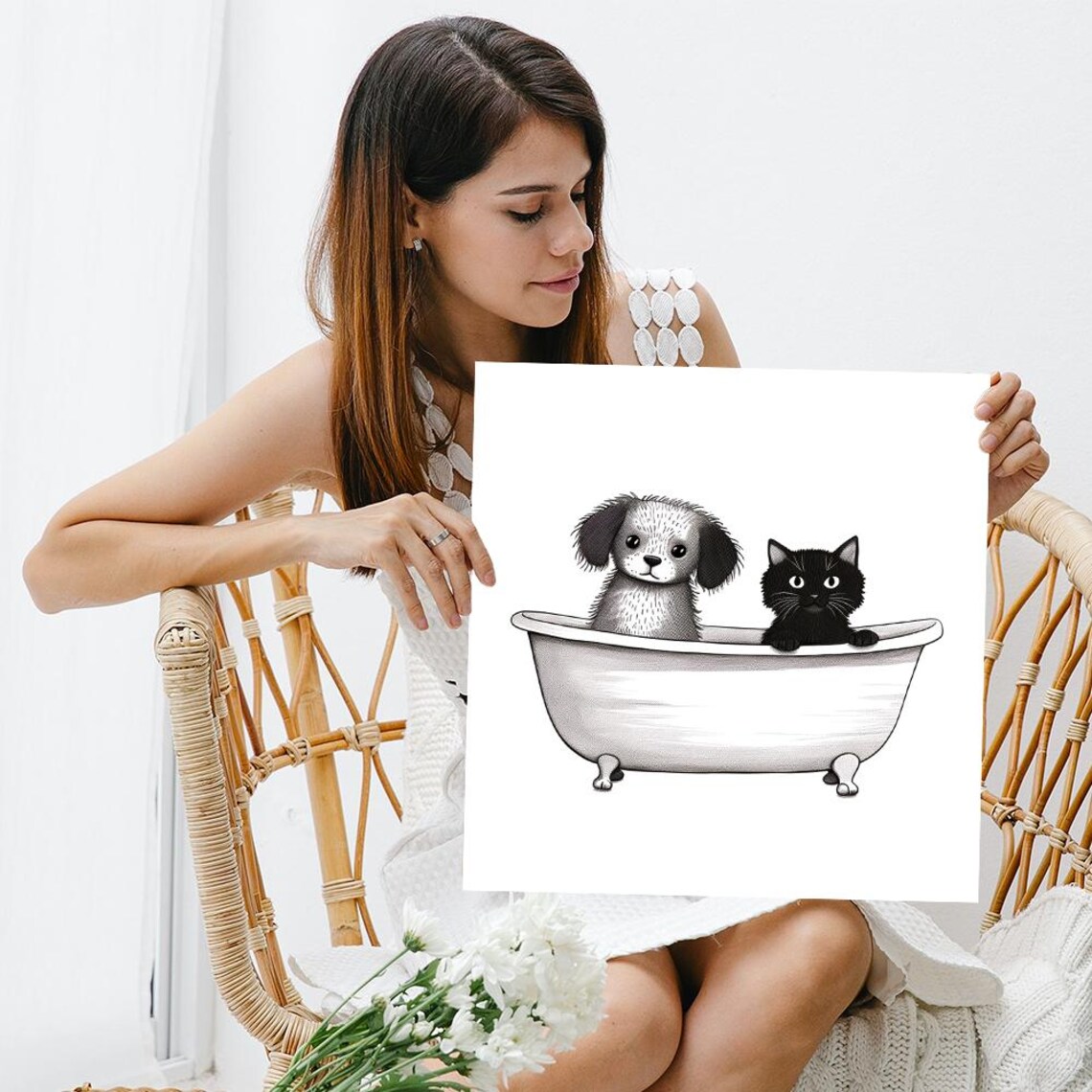 Puppy And Kitten In Clawfoot Bathtub Black And White Art Poster - Image 3