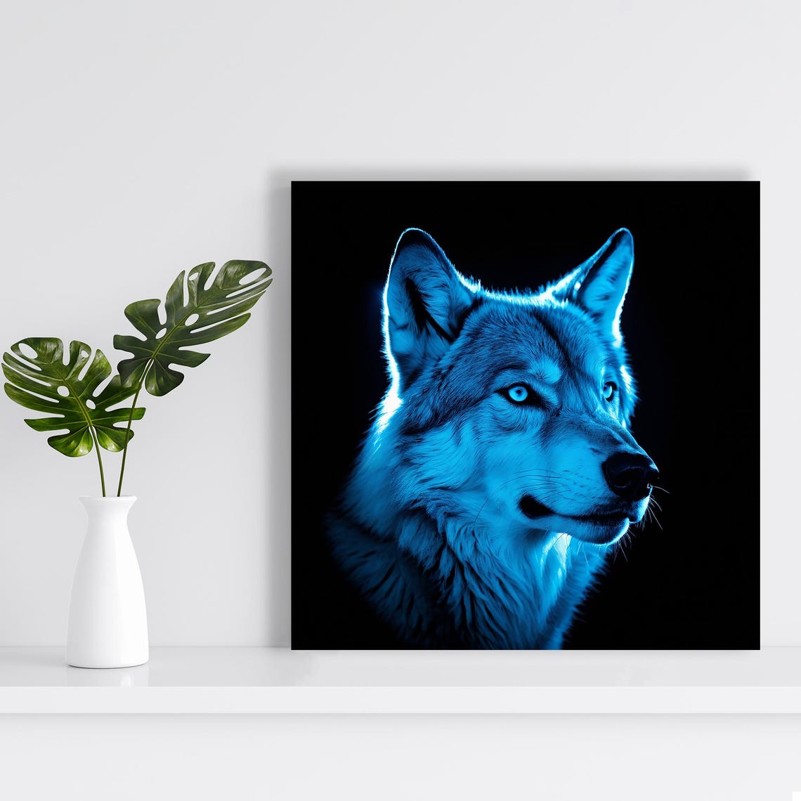 Blue Wolf Portrait Glowing On Black Background Moody Nature Art Print - Image 2