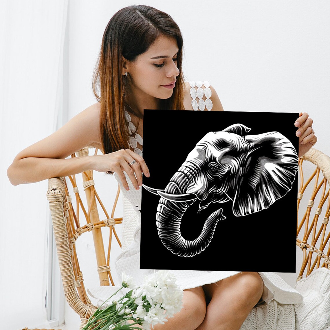 Elephant Silhouette Art Print, Black and White - Image 3