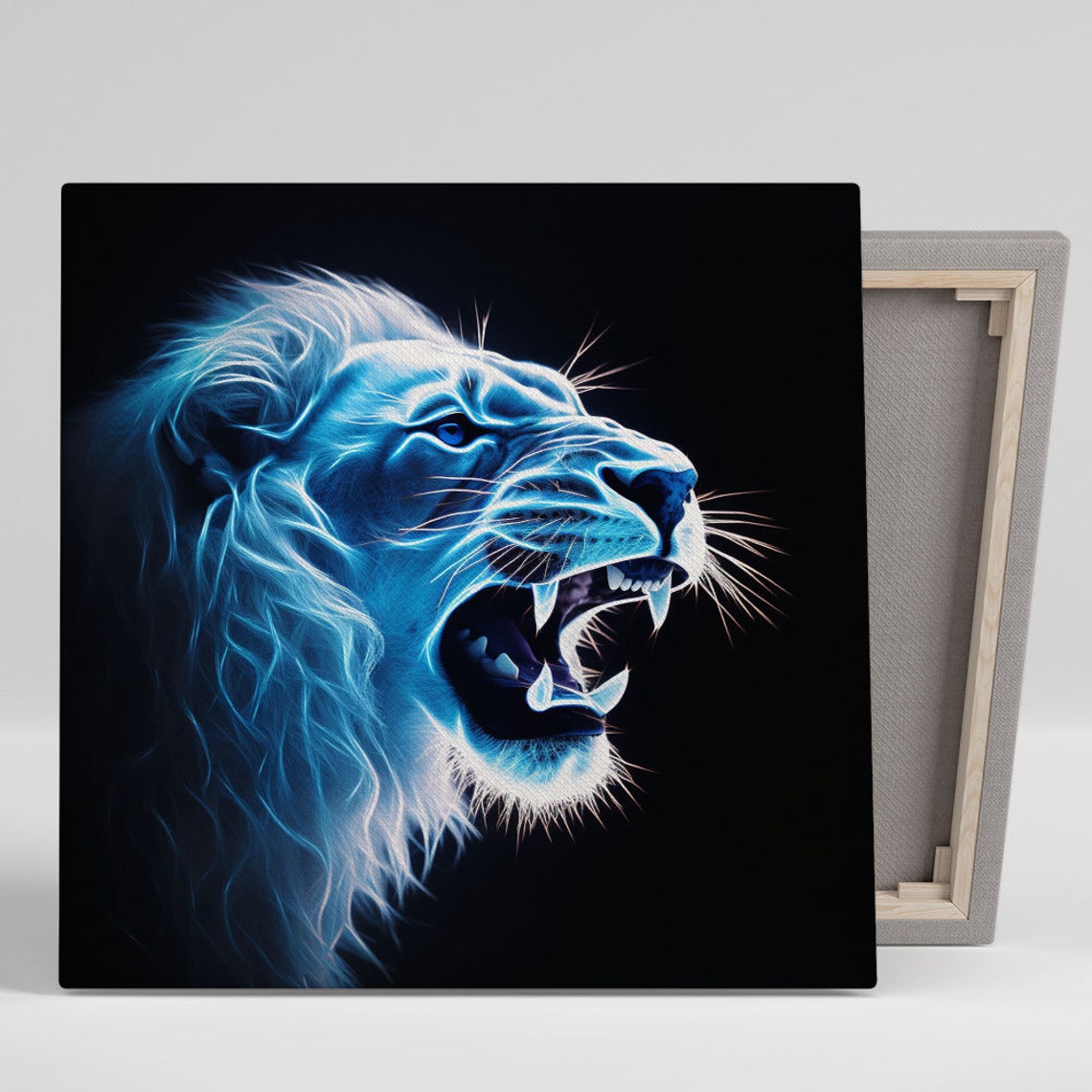 Electric Blue Neon Roaring Lion Profile Black Background Wall Poster