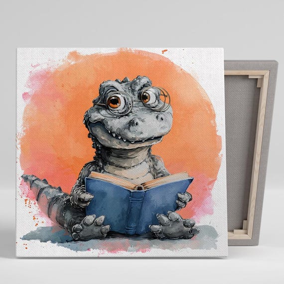 Scholarly Croc Art Or Poster Whimsical Animal Decor Childrens Room Office Library Living Room Wall Art Grey Orange Blue Brown