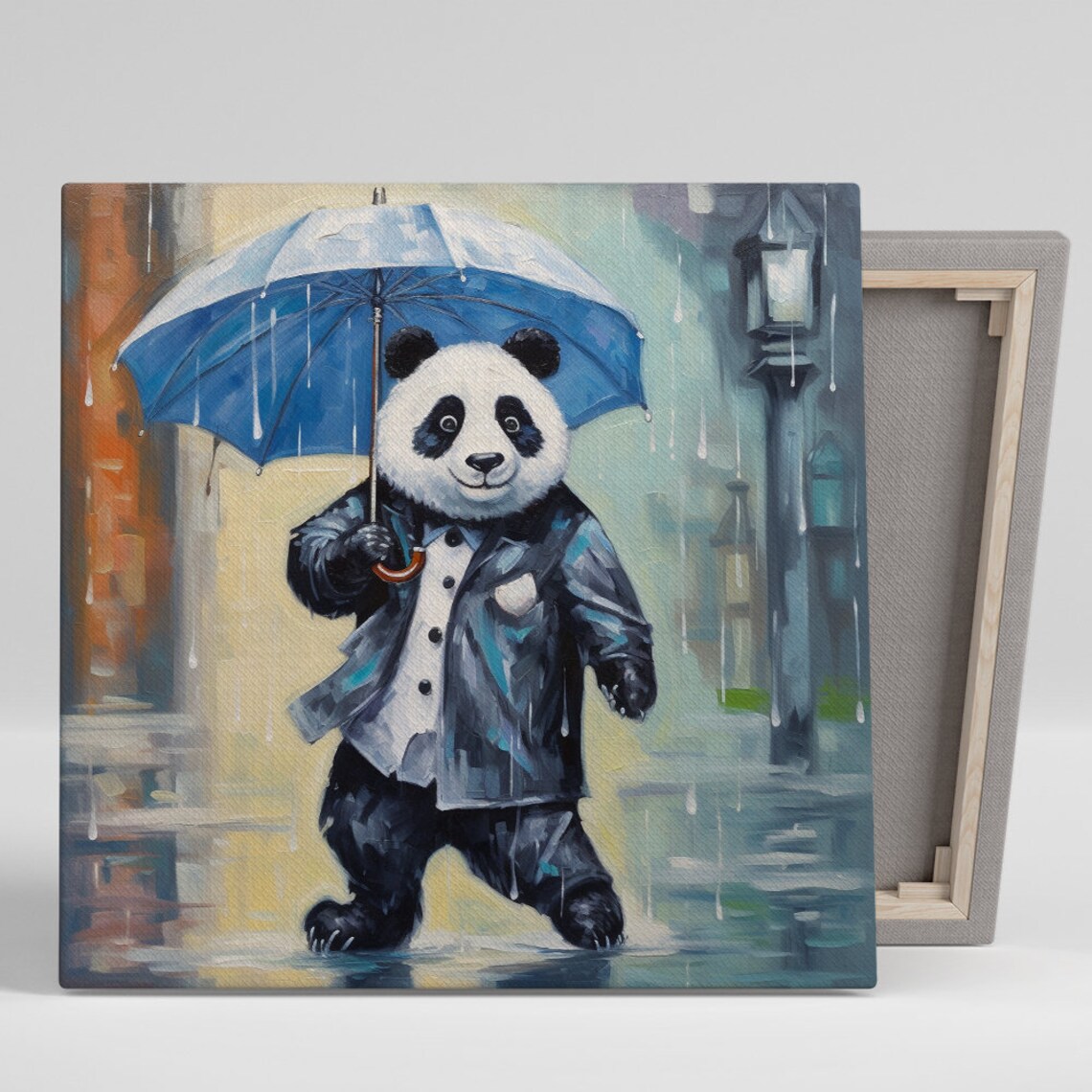 Dapper Panda Blue Umbrella Raincoat Rainy Street Stroll Wall Art Poster