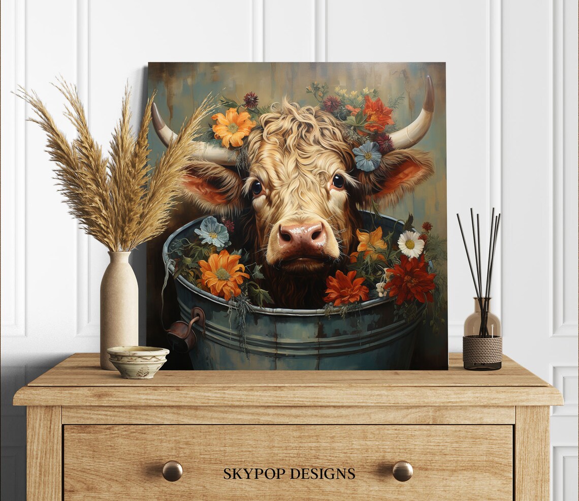 Floral Cow in Tub Art Print, Bathroom Wall Decor - Image 2
