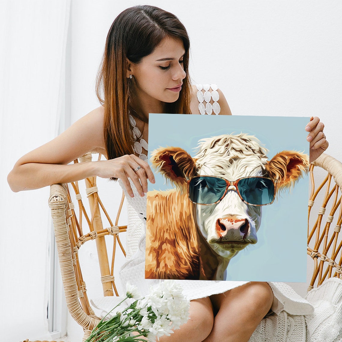 Cool Cow Wearing Sunglasses Light Blue Funny Farm Wall Poster - Image 3