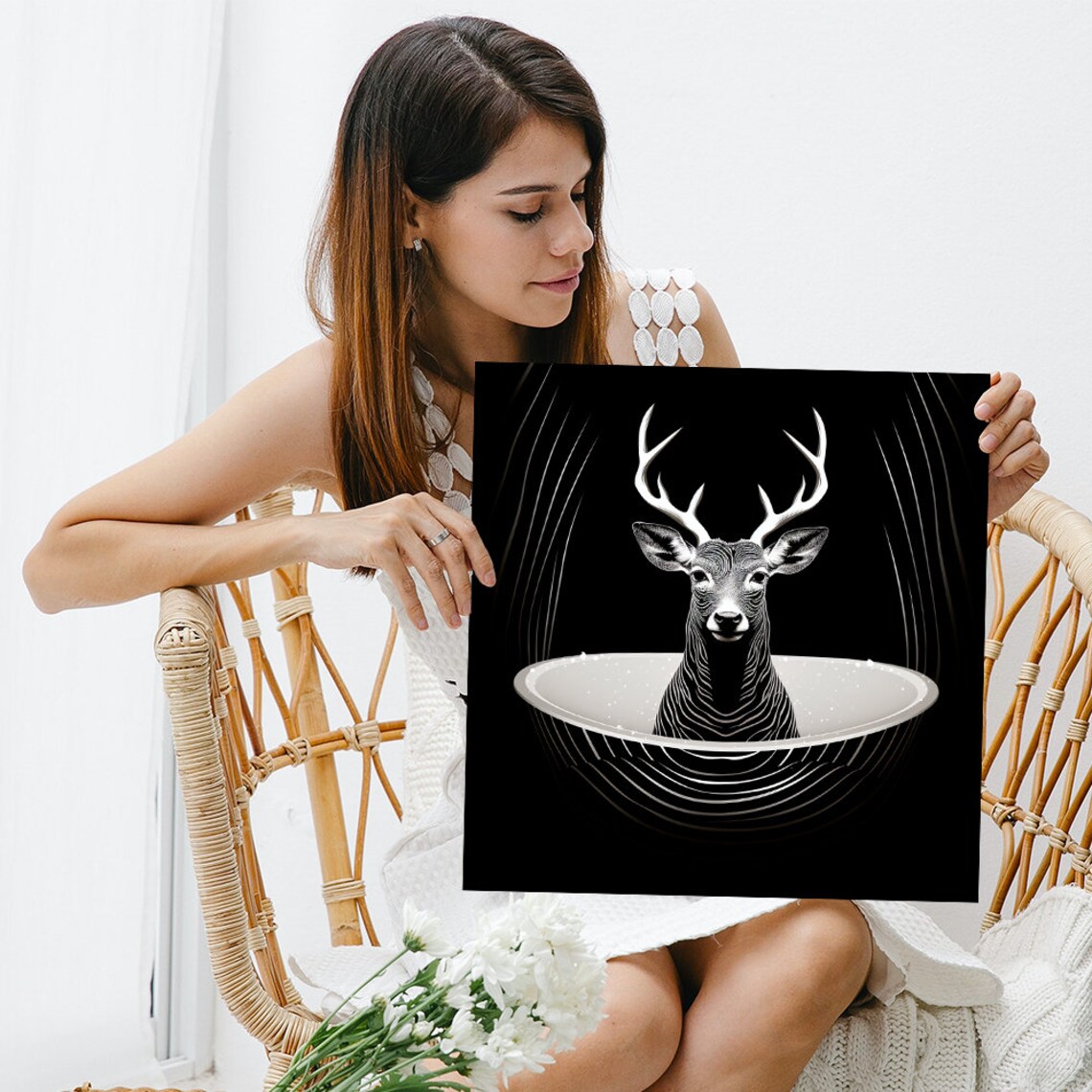 Black White Line Art Stag Antlers Glowing Halo Elegant Minimalist Poster - Image 3